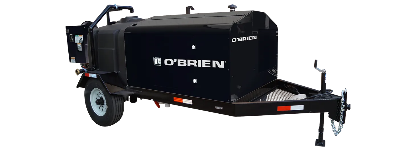 O'Brien Sewer Jetters trailer-mounted, single-axle unit with enclosed tank and rear hose reel for sewer and drain cleaning.