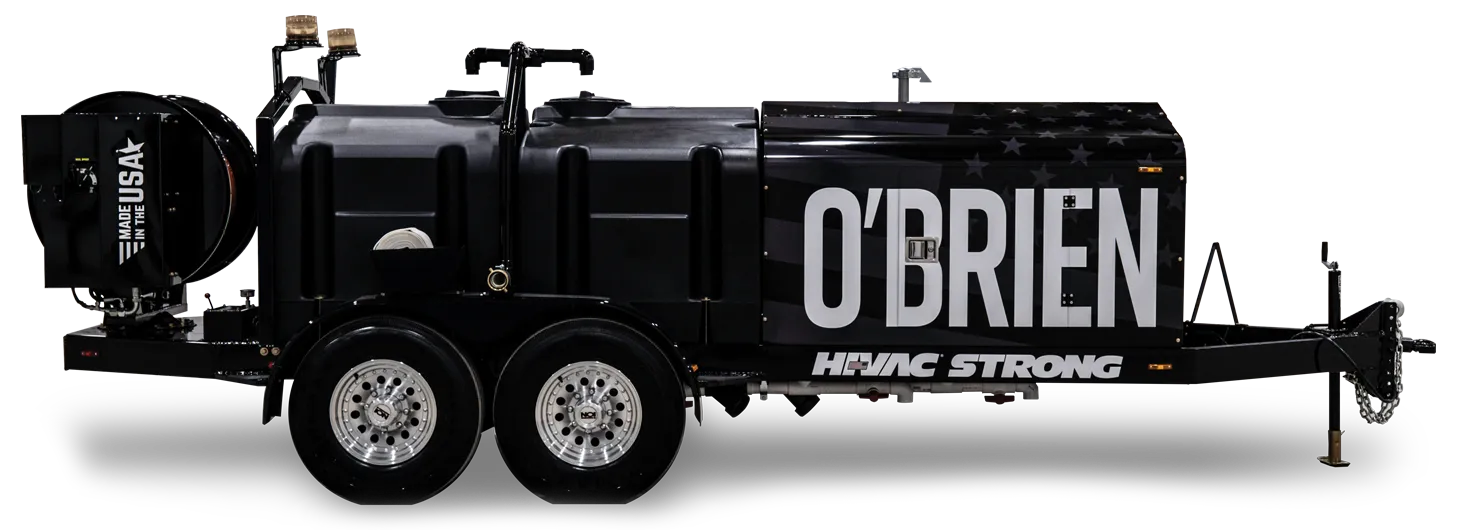 O'Brien Sewer Jetters black trailer-mounted sewer jetter with hose reel, dual-axle tank, and 'Made in the USA' branding.