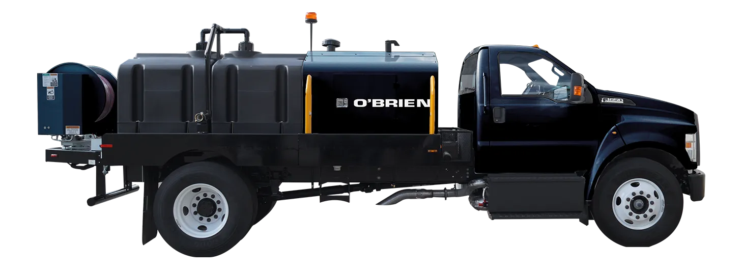 O'Brien Sewer Jetters truck-mounted hydro jetter with dual water tanks and rear hose reel.