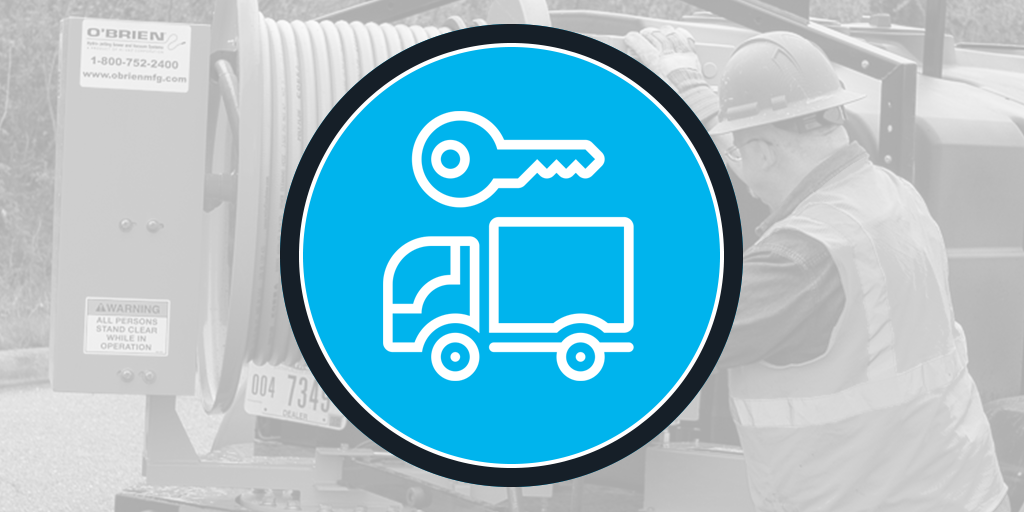 Key and trailer icon overlaying a worker servicing an O'Brien Sewer Jetters tow-behind hose reel unit.