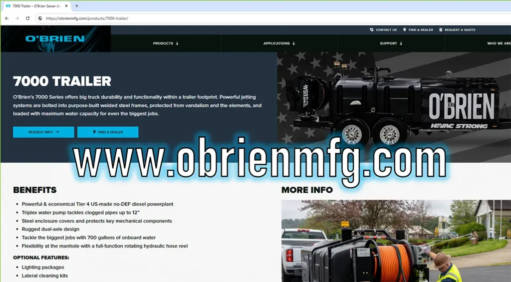 O'Brien Sewer Jetters 7000 Trailer page with black dual-axle sewer jetter and hose reel, obrienmfg.com.