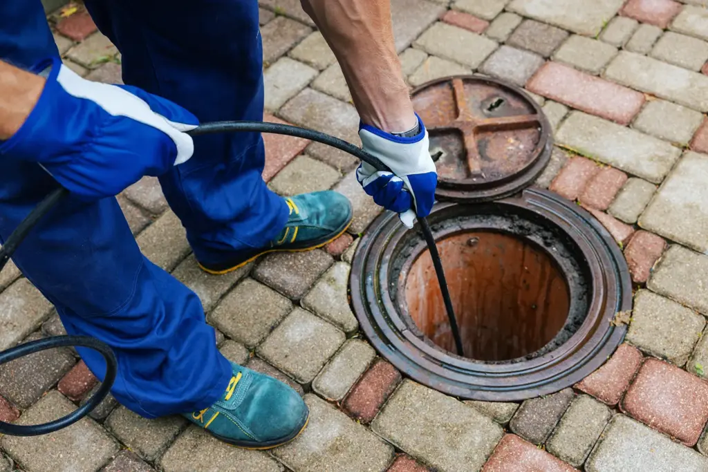 Gloved technician feeds an O'Brien Sewer Jetters jetting hose into an open manhole to clear a sewer line.
