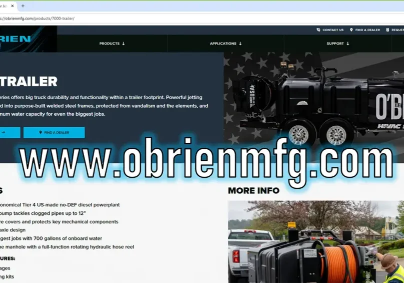 O'Brien Sewer Jetters 7000 Trailer page with black dual-axle sewer jetter and hose reel, obrienmfg.com.