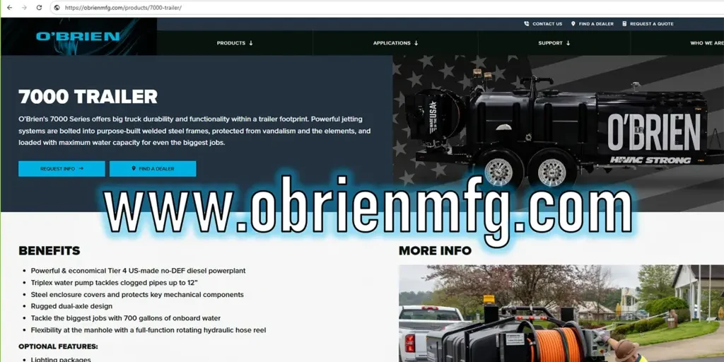 O'Brien Sewer Jetters 7000 Trailer page with black dual-axle sewer jetter and hose reel, obrienmfg.com.