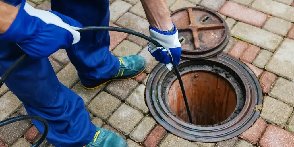 Gloved technician feeds an O'Brien Sewer Jetters jetting hose into an open manhole to clear a sewer line.