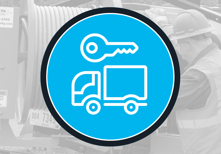 Key and trailer icon overlaying a worker servicing an O'Brien Sewer Jetters tow-behind hose reel unit.